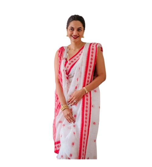 Generic Women's Cotton  Printed Saree With Unstitched Blouse 5.5Mtr (White-Pink)