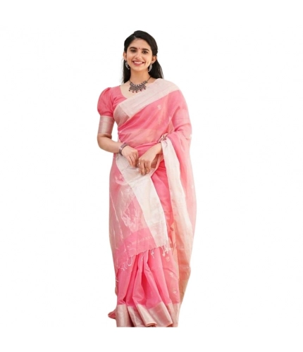 Generic Women's Cotton  Printed Saree With Unstitched Blouse 5.5Mtr (Pink)