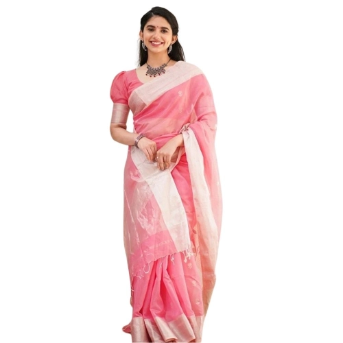 Women's Cotton  Printed Saree With Unstitched Blouse 5.5Mtr (Pink)