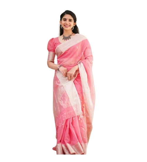 Generic Women's Cotton  Printed Saree With Unstitched Blouse 5.5Mtr (Pink)
