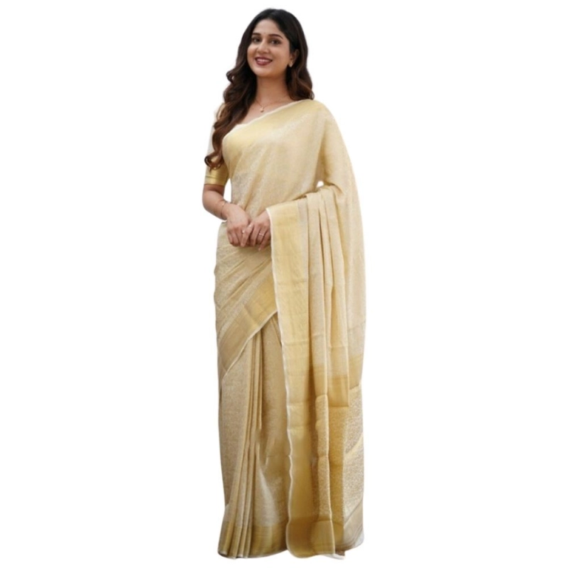 Women's Silk Printed Saree With Unstitched Blouse 5.5Mtr (Cream)
