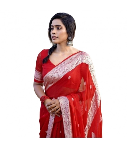 Generic Women's Cotton  Printed Saree With Unstitched Blouse 5.5Mtr (Red)