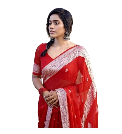 Generic Women's Cotton  Printed Saree With Unstitched Blouse 5.5Mtr (Red)