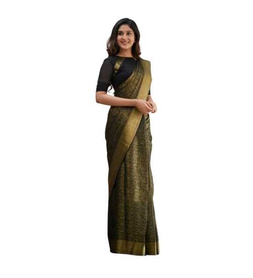 Generic Women's Silk Printed Saree With Unstitched Blouse 5.5Mtr (Black)