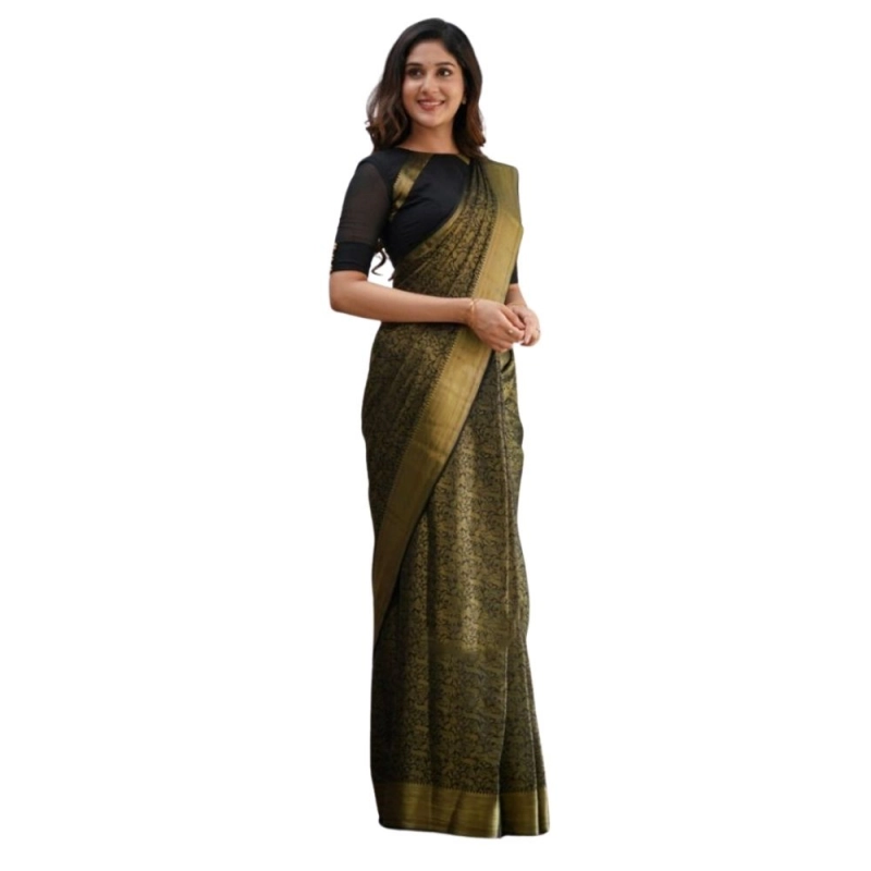 Women's Silk Printed Saree With Unstitched Blouse 5.5Mtr (Black)