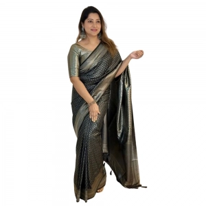 Generic Women's Silk Printed Saree With Unstitched Blouse 5.5Mtr (Black)