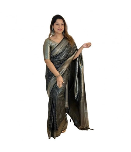 Generic Women's Silk Printed Saree With Unstitched Blouse 5.5Mtr (Black)