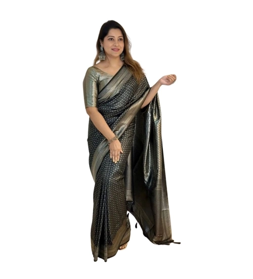 Generic Women's Silk Printed Saree With Unstitched Blouse 5.5Mtr (Black)
