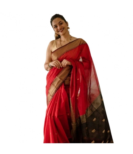 Generic Women's Cotton  Printed Saree With Unstitched Blouse 5.5Mtr (Red)