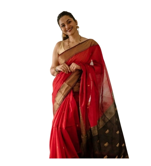 Generic Women's Cotton  Printed Saree With Unstitched Blouse 5.5Mtr (Red)