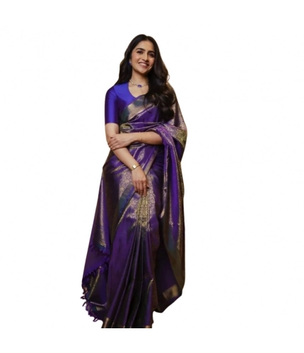 Generic Women's Silk Printed Saree With Unstitched Blouse 5.5Mtr (Purple)