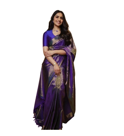 Generic Women's Silk Printed Saree With Unstitched Blouse 5.5Mtr (Purple)