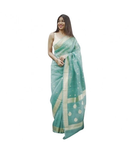Generic Women's Cotton  Printed Saree With Unstitched Blouse 5.5Mtr (Sky)