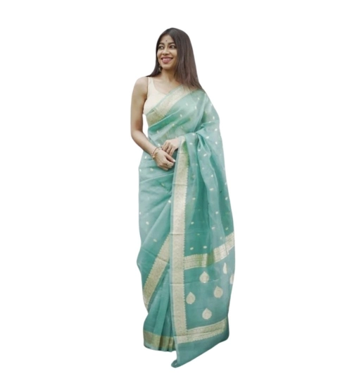 Generic Women's Cotton  Printed Saree With Unstitched Blouse 5.5Mtr (Sky)