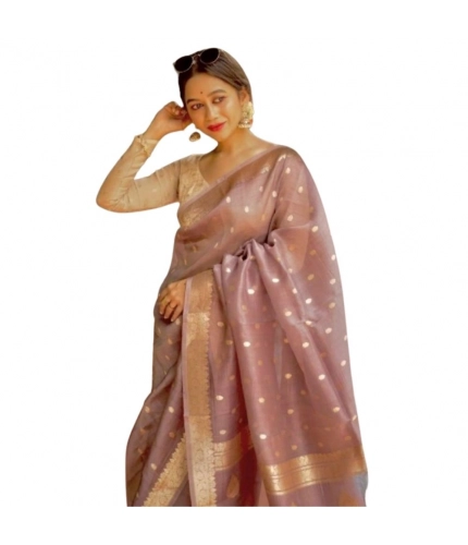 Generic Women's Cotton  Printed Saree With Unstitched Blouse 5.5Mtr (Rose Gold)