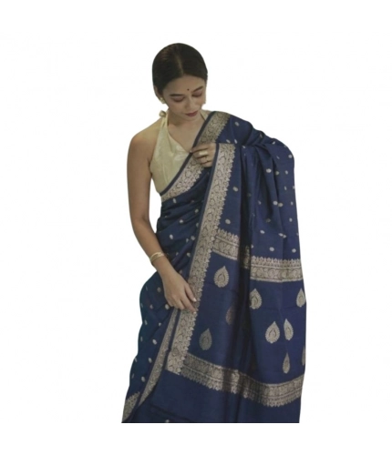 Generic Women's Cotton  Printed Saree With Unstitched Blouse 5.5Mtr (Navy Blue)