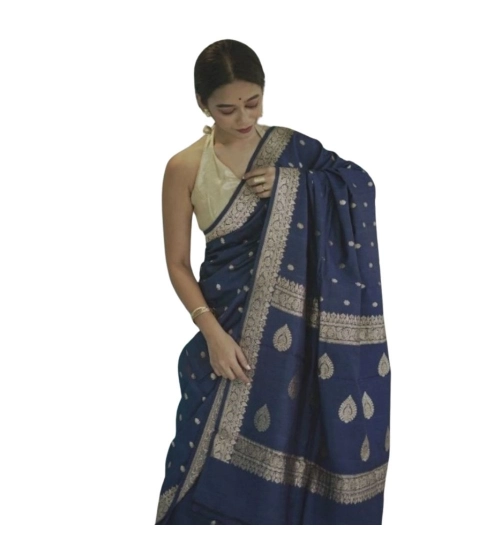 Generic Women's Cotton  Printed Saree With Unstitched Blouse 5.5Mtr (Navy Blue)