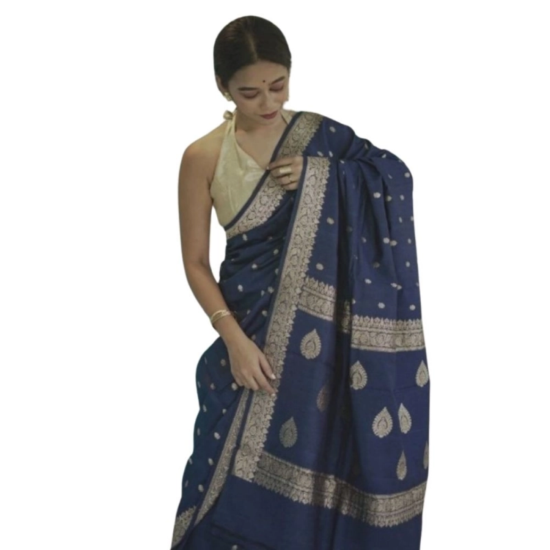 Women's Cotton  Printed Saree With Unstitched Blouse 5.5Mtr (Navy Blue)