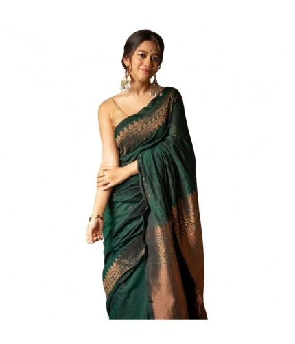 Generic Women's Silk Printed Saree With Unstitched Blouse 5.5Mtr (Green)
