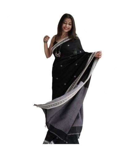 Generic Women's Cotton  Printed Saree With Unstitched Blouse 5.5Mtr (Black)