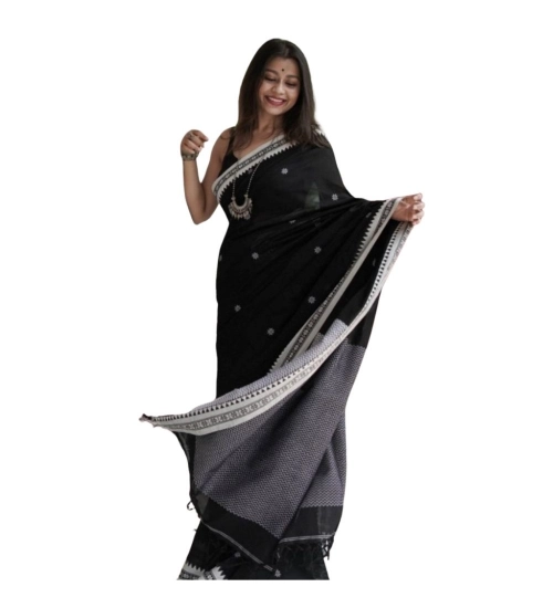 Generic Women's Cotton  Printed Saree With Unstitched Blouse 5.5Mtr (Black)