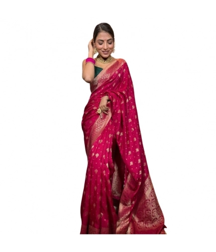 Generic Women's Silk Printed Saree With Unstitched Blouse 5.5Mtr (Rani Pink)