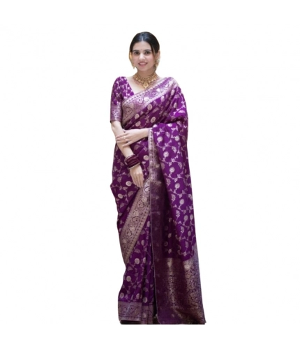 Generic Women's Silk Printed Saree With Unstitched Blouse 5.5Mtr (Purple)