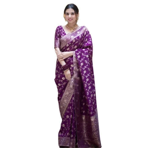 Women's Silk Printed Saree With Unstitched Blouse 5.5Mtr (Purple)
