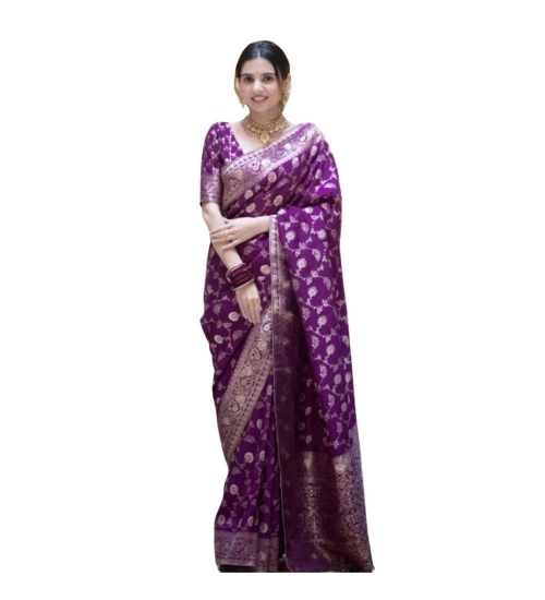 Generic Women's Silk Printed Saree With Unstitched Blouse 5.5Mtr (Purple)