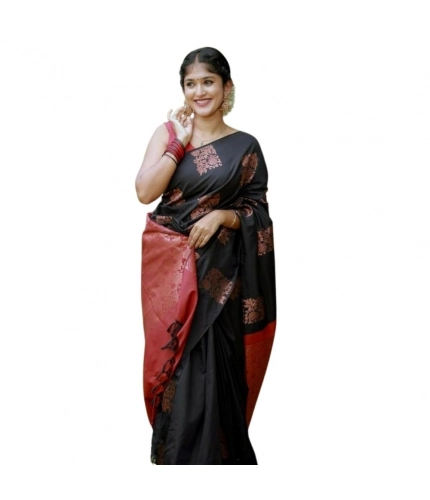 Generic Women's Silk Printed Saree With Unstitched Blouse 5.5Mtr (Black-Red)