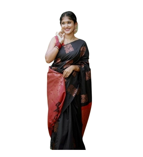 Generic Women's Silk Printed Saree With Unstitched Blouse 5.5Mtr (Black-Red)