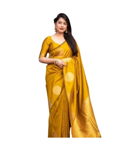 Generic Women's Silk Printed Saree With Unstitched Blouse 5.5Mtr (Yellow)