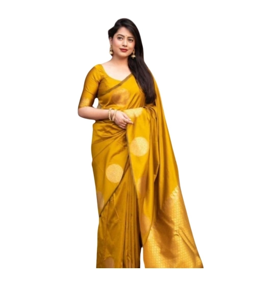 Generic Women's Silk Printed Saree With Unstitched Blouse 5.5Mtr (Yellow)