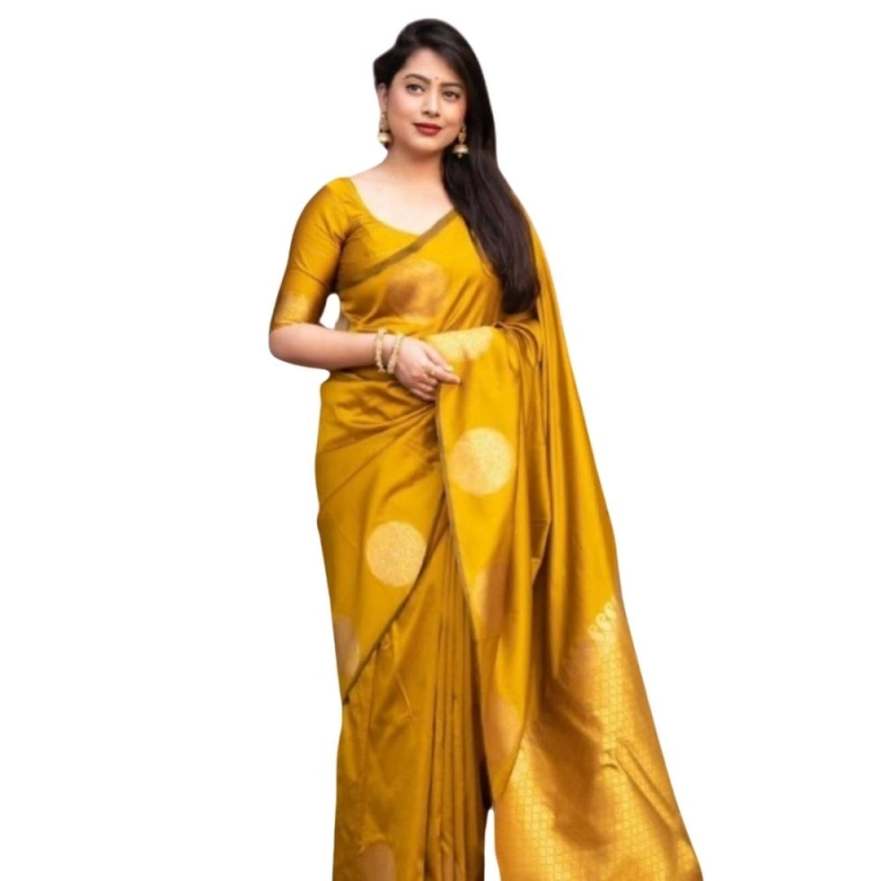 Women's Silk Printed Saree With Unstitched Blouse 5.5Mtr (Yellow)