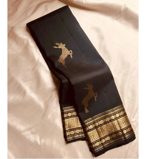 Generic Women's Silk Printed Saree With Unstitched Blouse 5.5Mtr (Black)