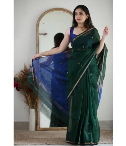 Generic Women's Cotton  Printed Saree With Unstitched Blouse 5.5Mtr (Green)