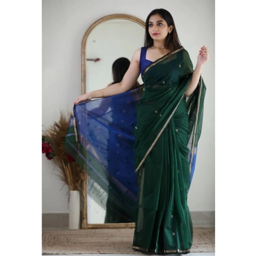 Women's Cotton  Printed Saree With Unstitched Blouse 5.5Mtr (Green)