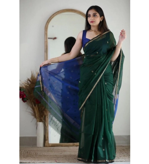 Generic Women's Cotton  Printed Saree With Unstitched Blouse 5.5Mtr (Green)