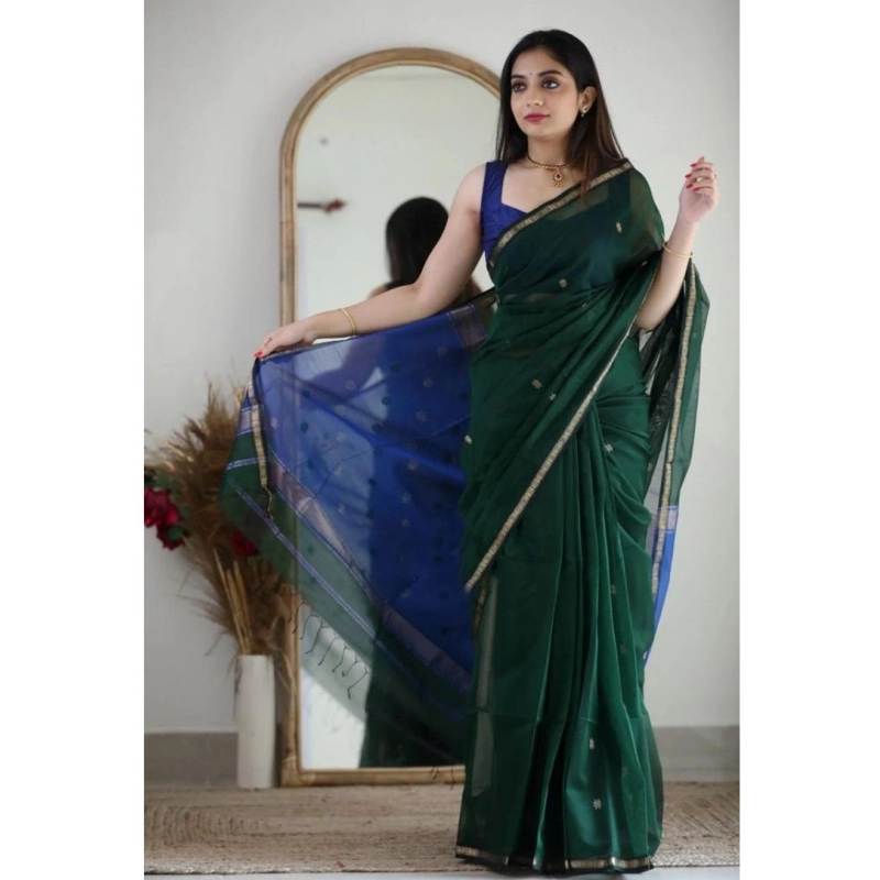 Women's Cotton  Printed Saree With Unstitched Blouse 5.5Mtr (Green)