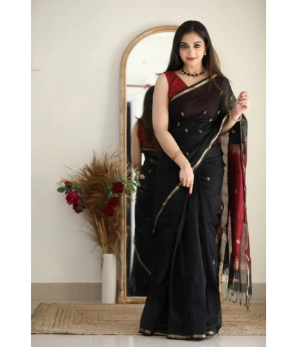 Generic Women's Cotton  Printed Saree With Unstitched Blouse 5.5Mtr (Black)