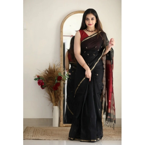 Women's Cotton  Printed Saree With Unstitched Blouse 5.5Mtr (Black)
