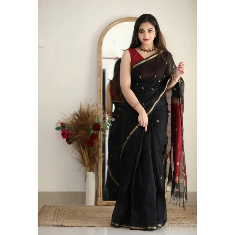 Women's Cotton  Printed Saree With Unstitched Blouse 5.5Mtr (Black)