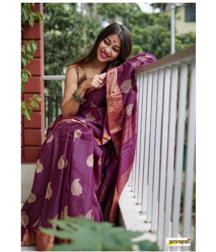Generic Women's Silk Printed Saree With Unstitched Blouse 5.5Mtr (Purple)