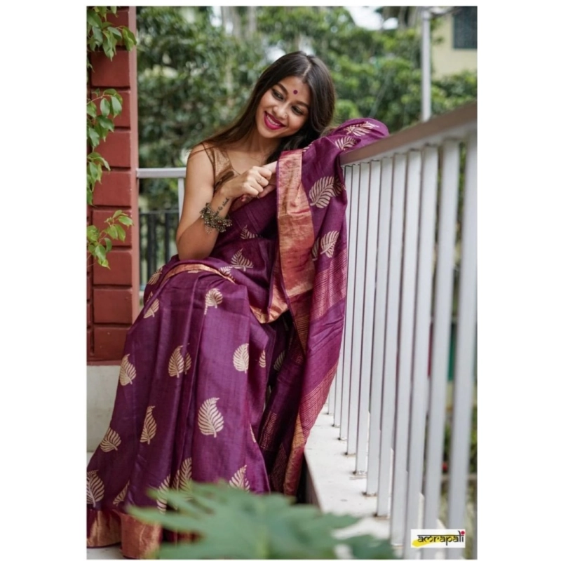 Women's Silk Printed Saree With Unstitched Blouse 5.5Mtr (Purple)