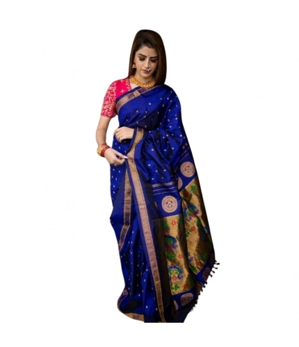 Generic Women's Silk Printed Saree With Unstitched Blouse 5.5Mtr (Blue)