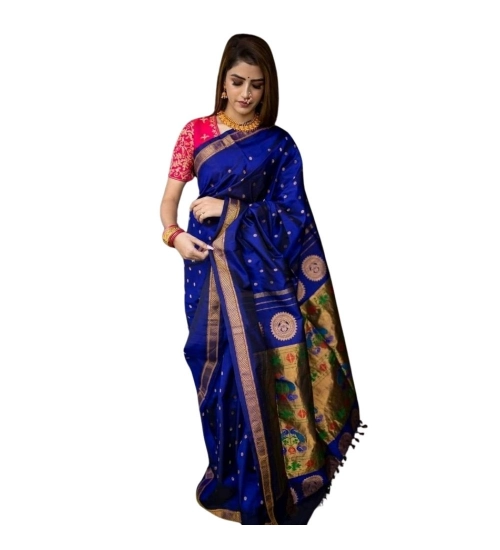 Generic Women's Silk Printed Saree With Unstitched Blouse 5.5Mtr (Blue)