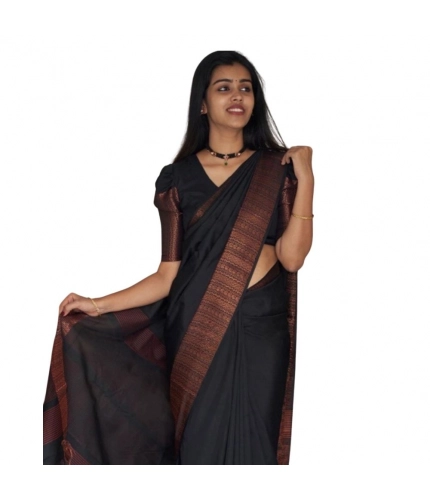 Generic Women's Silk Printed Saree With Unstitched Blouse 5.5Mtr (Black)