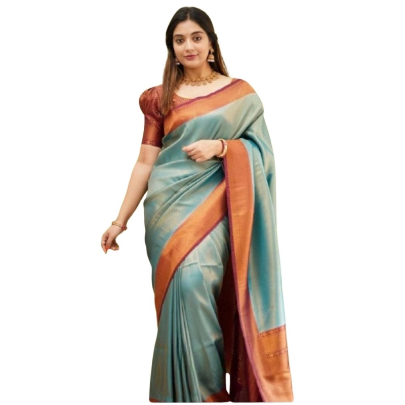 Women's Silk Printed Saree With Unstitched Blouse 5.5Mtr (Rama) Women's Silk Printed Saree With Unstitched Blouse 5.5Mtr (Rama)