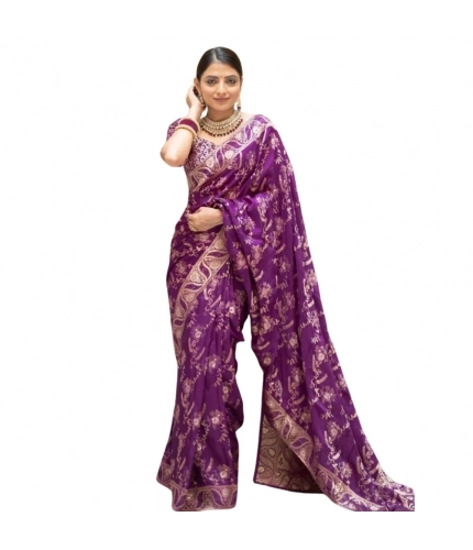 Generic Women's Silk Printed Saree With Unstitched Blouse 5.5Mtr (Purple)
