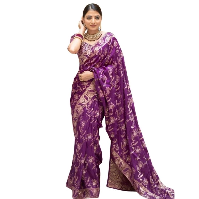 Women's Silk Printed Saree With Unstitched Blouse 5.5Mtr (Purple) Women's Silk Printed Saree With Unstitched Blouse 5.5Mtr (Purple)